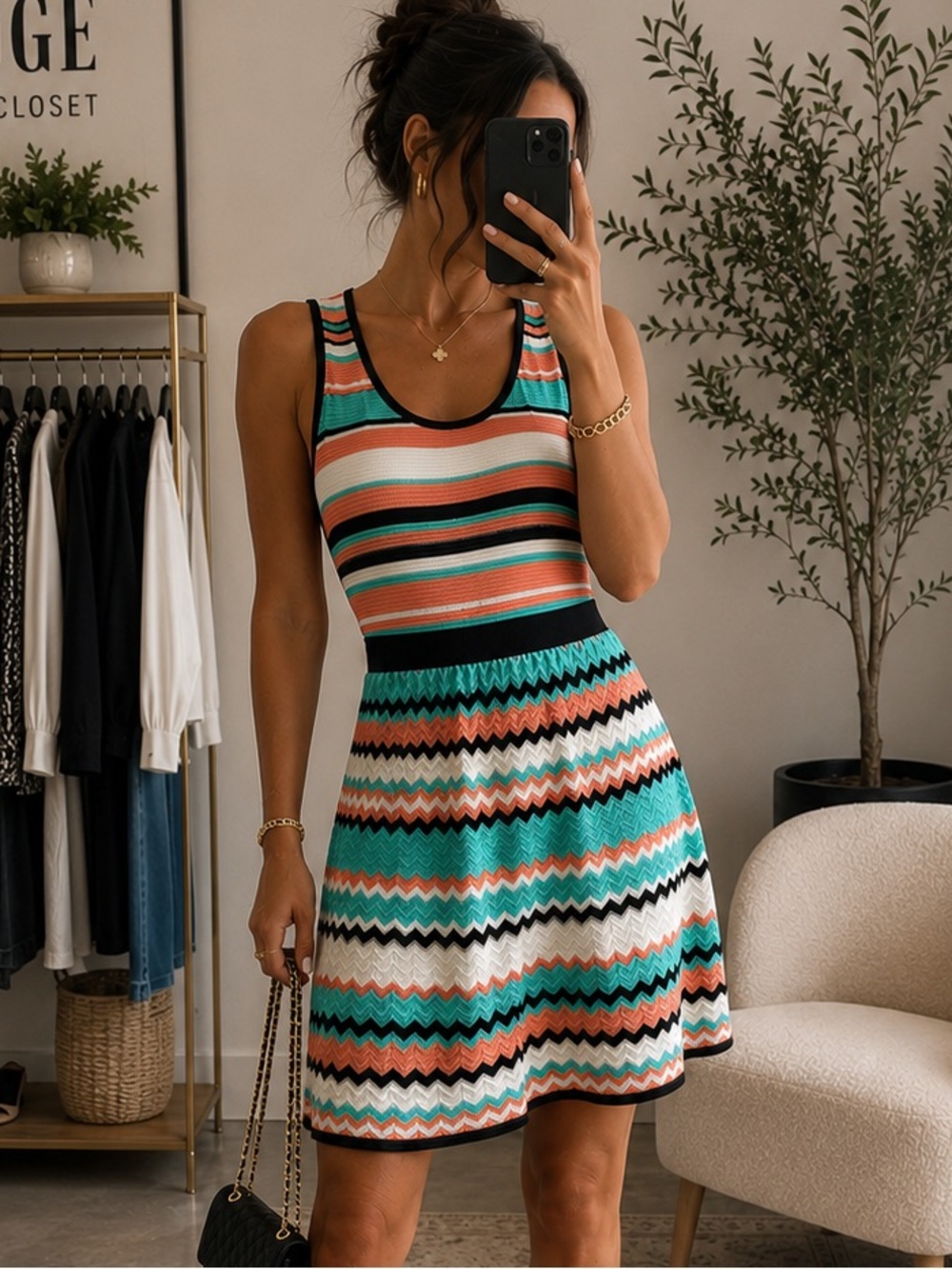 Jessica Simpson Knit Fit & Flare Dress L Coral Aqua Chevron Stripe Sleeveles